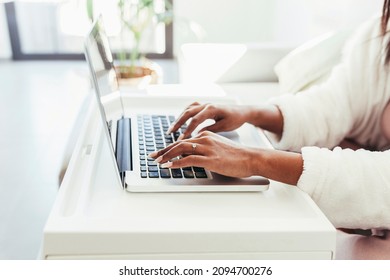 Close Up Anonymous Black Woman Hands Typing On Laptop Working At Home. Professional Business Woman Telecommuting, Social Distance Concept.