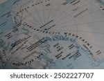 Close up of the Antarctica on a map with Trans antarctic mountains in sharp focus. Antarctica on a map. Transantarctic mountains on a map
