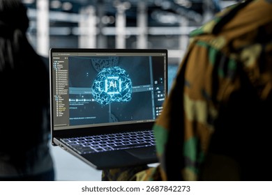 Close up of army tech expert in data center hosting large scale models for military grade AI inference. Server farm worker maintaining hardware optimized for artificial intelligence use in defense