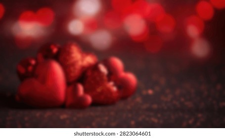 A close up artistic shot of multiple small red heart shaped ornaments clustered together on a dark textured surface with blurred romantic red bokeh lighting in the background.