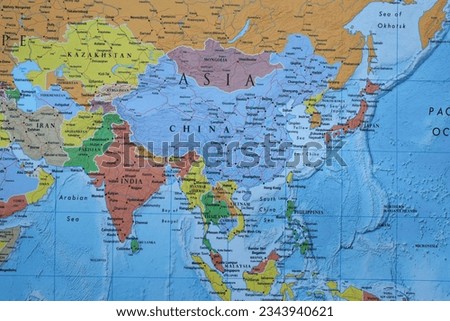 Close up of Asia on world map