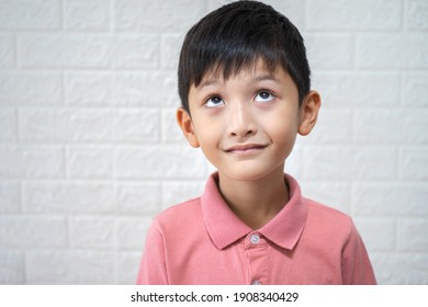 Close Up Asian Boy Wearing Pink Polo Shirt For Valentine's Day Concept With Copy Space And Selective Focus.