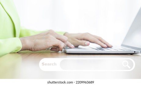 Close Up Asian Business Woman Using Computer Laptop, Business Asian Woman Working In Office Use Computer Laptop, Business Woman Working And Typing On Laptop Keyboard In Office.