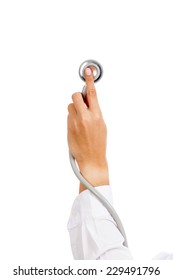 Close up of Asian doctor hand hold  stethoscope  isolated on white background