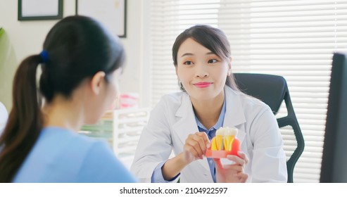 Close Up Of Asian Female Dentist Introduces Patient For Dental Implant By Denture Model