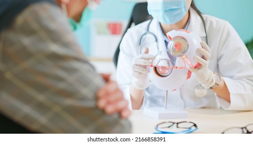 close up of asian female doctor wearing face mask is showing eyeball model and explaining about eyes disease to elder senior man patient in hospital