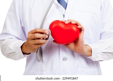 Close Up Asian Male Doctor Check Red Heart With Stethoscope