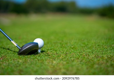 Close Up Of Asian Man Golfer Hand Holding Golf Club Hitting Golf Ball On The Green At Golf Course. Healthy Male Enjoy Outdoor Lifestyle Activity Sport Golfing At Country Club On Summer Vacation