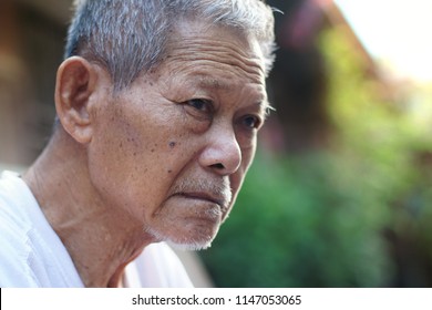 Close Up Of Asian Old Man Face. Asian Elder, He’s 80 Years Old, Sitting In The Garden. Elder Day Or Older Person Day Concept. Selective Focus And Free Space For Text.