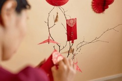 Close Up Of Asian Woman Decorating Tree With Paper Lanterns And Red Envelopes At Home As Chinese New Year Tradition, Copy Space Have Overflowing Abundance Every Year