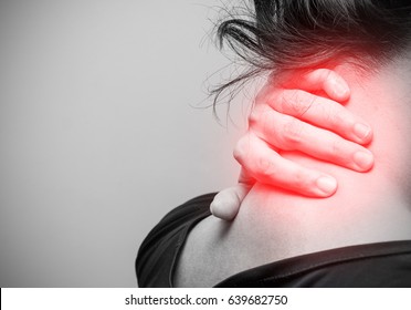 Close Up Of Asian Woman Having Neck Pain, Black And White Photo