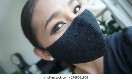 Close Up Asian  Women Wearing Fashionable  DIY Fabric Face Mask.