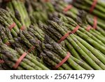 A close up of asparagus for sale on a market stall, with a shallow depth of field