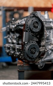 close up is assembled engine block on the table the mechanic opened the locking valve mechanism Motor capital repair