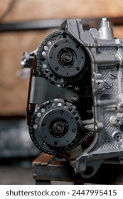 close up is assembled engine block on the table the mechanic opened the locking valve mechanism Motor capital repair