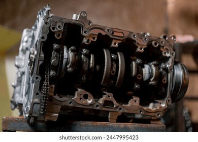 close up is assembled engine block on the table the mechanic opened the locking valve mechanism Motor capital repair