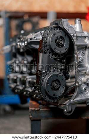 close up is assembled engine block on the table the mechanic opened the locking valve mechanism Motor capital repair