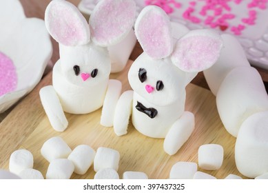 Close Up Of Assembled Marshmallow Bunnies For Easter Bunny Cake Decoration.