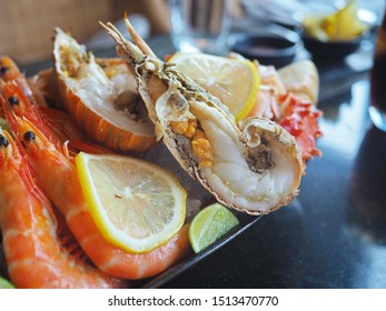 Close Up Assorted Fresh Cooked Cold Seafood As Shrimps, Prawns, New Zealand Mussels, Mussels, Oyster, Rock Lobster, Lobster Claw With Yello Leomon In Oval Shaped Dish Or Plate On Ice On Wooden Table