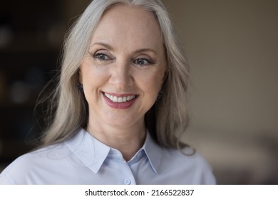 Close Up Of Attractive Middle-aged Grey-haired Female Smiling Staring Aside Feels Happy. Successful Businesswoman, Business Owner, Boss Portrait, Medical Insurance Cover Ad For Older Citizen Concept