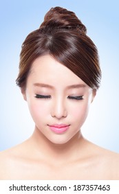 Close Up Of Attractive Skin Care Woman Face Relax Closed Eyes With Blue Background, Asian Beauty