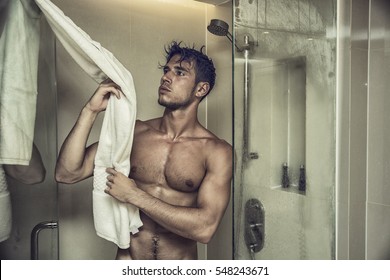 Close up Attractive Young Bare Muscular Man after Taking Shower, Grabbing Towel