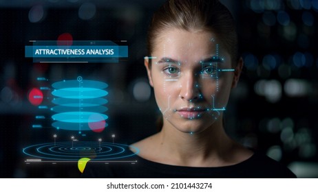 Close up attractiveness analysis face scan process researching woman biometrics. Modern holographic digital interface application checking young lady beauty. Augmented tech reality device metaverse