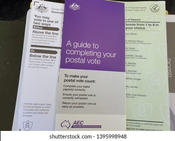 Close Up Of Australian 2019 Postal Vote PaperworkTownsville, Australia- May 12, 2019. In Australia Voting Is Cumpolsory And Occurs Every Four Years. People Need To Vote To Elect Political Parties To B