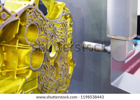 Close up automatic coordinate measurement machine (CMM) for inspection high precision part during working