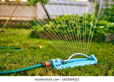 close up automatic system of water splinker pouring green lawn in the garden