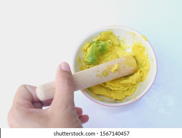 Close Up Avocado Mashed In Bowl Baby Food