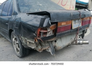 Close Up Back Of Black Car Get Damaged By Accident On The Road