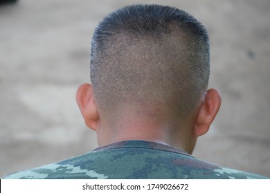 A Close Up Of The Back Of The Head And Neck Of A 40 Year Old Man With A Clean Short Haircut