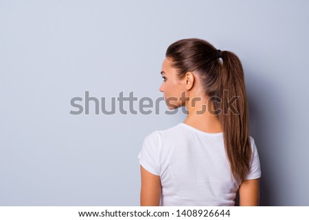 Close up back rear behind side profile view photo amazing beautiful she her lady look side empty space not smiling reliable person wear casual white t-shirt clothes isolated grey background