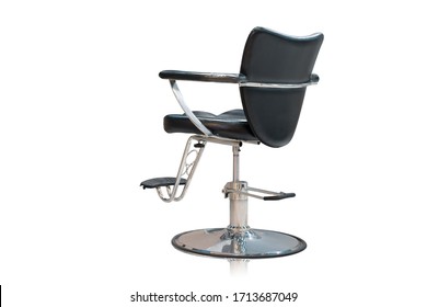 Close up of back side empty dark blue leather color with armrest barber chair isolated on white background, include clipping path.
