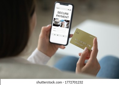 Close Up Back View Of Woman Shopping Online On Smartphone Using Credit Card, Female Enter Internet Banking System On Cellphone, Make Payment Purchase On Gadget, Paying Bills On Web, Screen Mockup