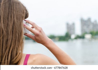 Close Up Back View Of Young Business Woman Holding Mobile Phone And Talking, Woman With Mobile In Big City