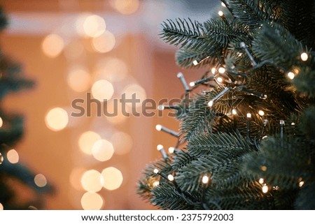 Close up background image of Christmas tree decorated with lights outdoors with fir branches framing shot, copy space