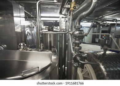 Close Up Background Image Of Steel Machine Units At Clean Food Production Factory, Copy Space