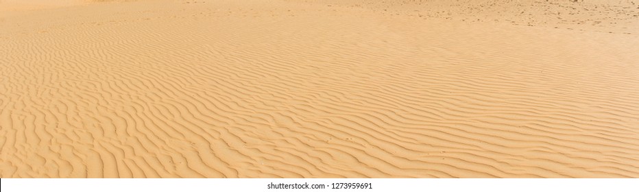 Close up of background texture of desert sand dunes. Beautiful structures of sandy dunes on sunny summer day. Annual growth of area of sand with wave from wind in desert for holiday vacation concept