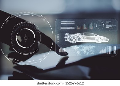 Close up of backlit hand using tablet with abstract digital car hologram on blurry background. Automation and transport concept. Multiexposure 