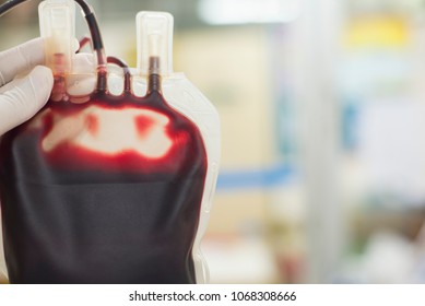 Close up Bag of blood on blur background.