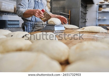 Close up of baker cutting and weighing batch of dough to make individual loaves in bakery                               