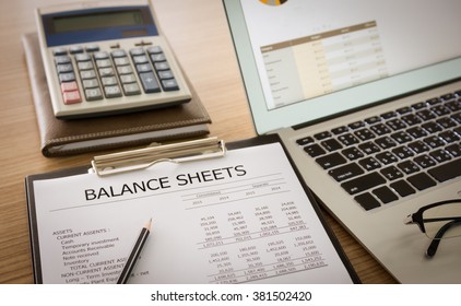 Close Up Balance Sheet Report Of Company's Financial Statement On Desk Of Accountant.  Preparation Of Accounts.