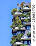 Close up of the balconies on the Bosco Verticale building in Milan, Italy