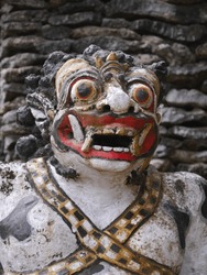 Close Up Of Balinese Demon With Fangs And Horns At Pura Sangara Sea Temple Near Sanur, Bali. High Quality Photo