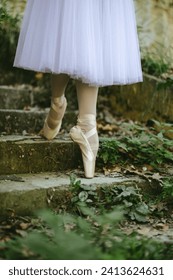 Close up of ballet diva in long tulle skirt and ballet shoes while standing in point work on old concrete staircase overgrown with small plants. Graceful descent of ballerina down rustic staircase.