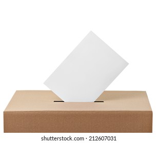 close up of  a ballot box and casting vote on white background