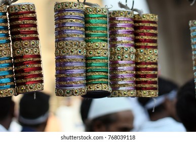 Close Up Of Bangles On Display At A Shop In The Laad Bazaar Or Bangles Market. Hyderabad,India.