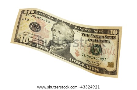 close up of a bank note of ten north american dollars,isolated on a white background
